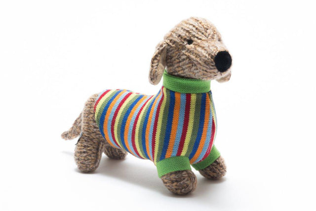 Knitted Sausage Dog Toy With Stripy Jumper